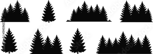 Conifer tree silhouettes collection, pine forest groups, clustered botanical shapes, realistic foliage outlines, landscape design resource, ecology vector illustration packConifer tree silhouettes col
