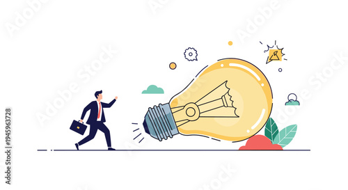 Businessman running towards a giant glowing lightbulb symbolizing the pursuit of a great idea or creative vision.