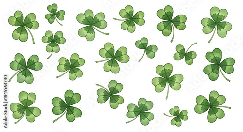 Collection of vibrant green clover leaves in various arrangements on transparent background