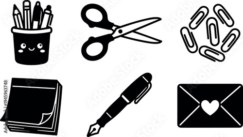 Black and white vector art of smiling pencil cup with scissors paper clips sticky notes fountain pen and love envelope icons