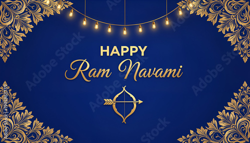 Festive Ram Navami Greeting Card with Golden Bow and Arrow on Blue Background. Happy Ram Navami festival of India.