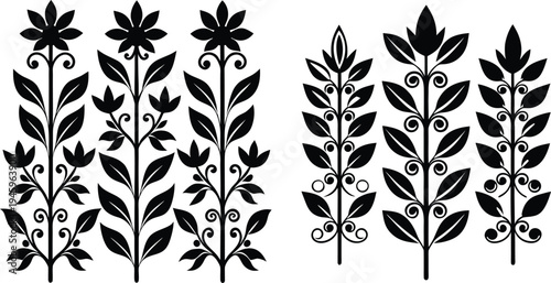 Elegant black and white ornamental floral and foliage patterns with decorative swirls