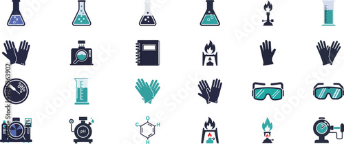 Chemistry laboratory equipment and safety icon set with flasks, goggles, gloves, burners and scientific research symbols