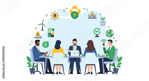 Diverse business group in a meeting discussing green energy and sustainability around a table with icons to help the planet.