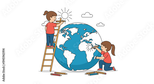Two young girls standing on a ladder and kneeling to draw suns on a large globe with crayons to promote world peace.