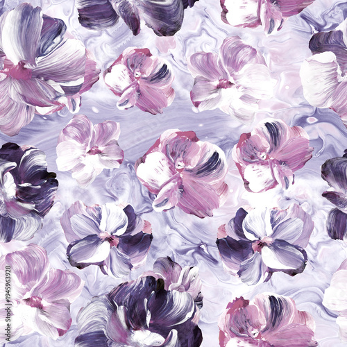 Seamless pattern of abstract pink flowers, original hand drawn, impressionism style, color texture, brush strokes of paint, art background