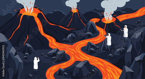 Scientists in white protective suits taking photos and observing several erupting volcanoes with flowing lava rivers.