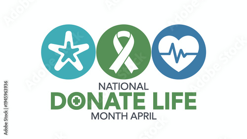 National Donate Life Month April Awareness Graphics with Ribbon Heart and Star Icons for Organ Donation Advocacy and Medical Transplant Support