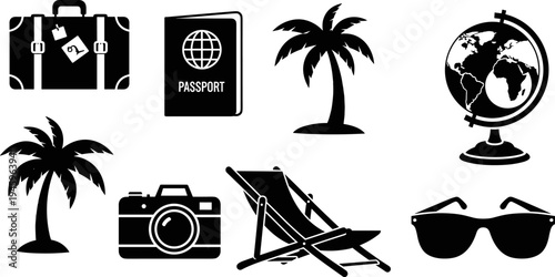 Travel Icon Collection Featuring Vintage Suitcase Passport Palm Trees Globe Camera Deck Chair and Sunglasses Silhouette Vector Set for Summer Vacation and Tourism Design