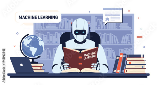 Robot student sitting at a desk in a library reading a book about machine learning with a laptop to gain advanced knowledge.