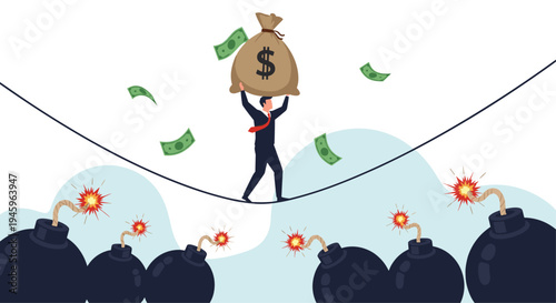 Businessman walking on a tightrope while carrying a heavy money bag over several lit fuse bombs signifying high risk.