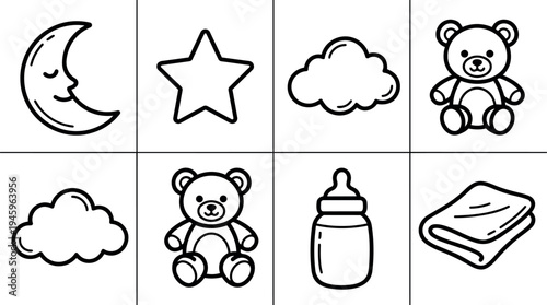 Simple black line art collection of moon star clouds teddy bear baby bottle and folded blanket icons in minimalist style for children themed designs