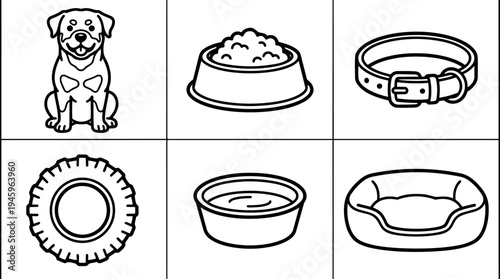 Minimalist black line art dog icon set including sitting dog bowl collar tire pet bed and water dish