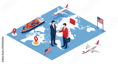 Two businessmen shaking hands on a world map with USA and China flags and transport logistics icons to finalize a deal.