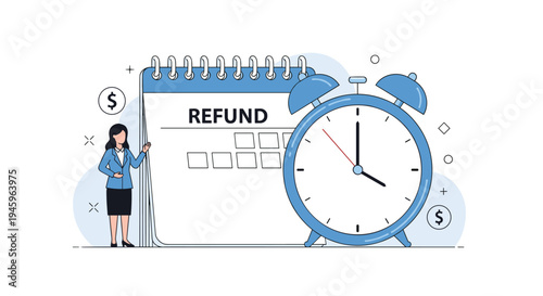 Woman standing next to a giant calendar with the word refund written on it and a large alarm clock managing a deadline.
