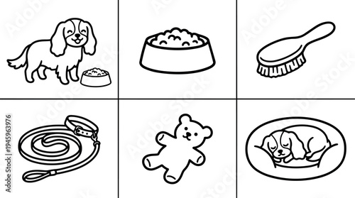 Black and white line art vector set of small dog with bowl leash brush toy and sleeping bed simple pet care icons collection