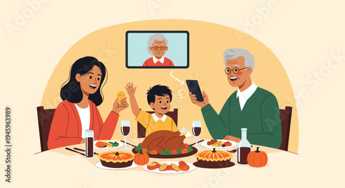 Family having a Thanksgiving dinner while video calling a grandmother on a phone and a large screen in a warm dining room.