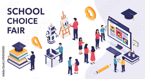 Detailed isometric scene of a school choice fair featuring various educational booths like robotics, art, and digital learning.