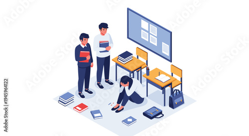 Isometric view depicting school bullying with two students mocking a crying girl on the floor inside a modern classroom.