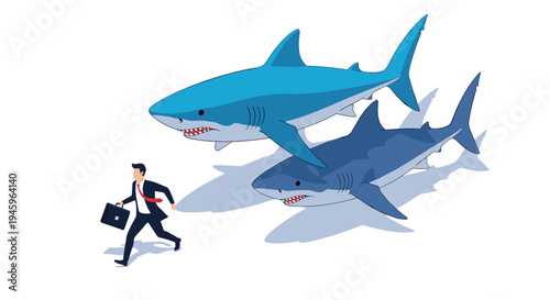 Stressed businessman in a suit running away from two giant aggressive sharks in a clean white minimalist environment.