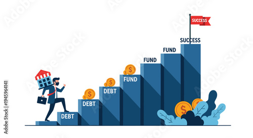 Determined businessman carrying a building while climbing stairs representing debt and funds to achieve ultimate financial success.