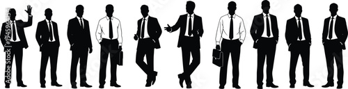 Businessmen silhouettes, corporate attire, professional poses, office gestures, briefcase graphics, formal clothing, leadership stance, teamwork illustration, business communication, vector design