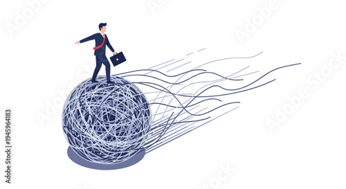 Professional businessman in a suit trying to maintain balance while standing on top of a giant tangled ball of grey yarn.