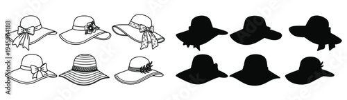 Collection of various headwear styles illustrated in black and white