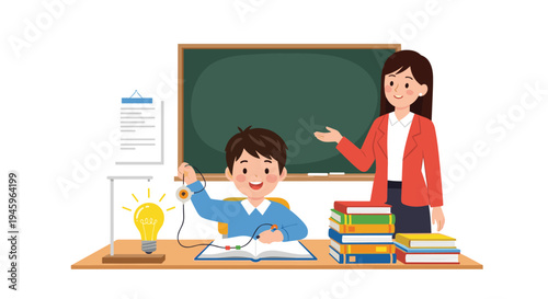 Encouraging teacher standing by a student who is successfully lighting a lightbulb during a science experiment in class.