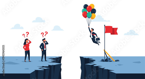 Innovative businessman using colorful balloons to fly across a canyon while his colleagues watch from the edge in confusion.