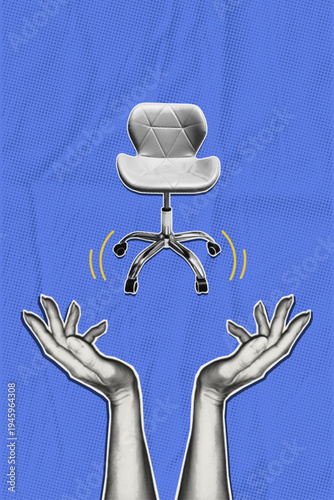 Promotion concept. Hands lifting office chair, leadership recognition and career growth metaphor in corporate workplace. Halftone collage illustration.
