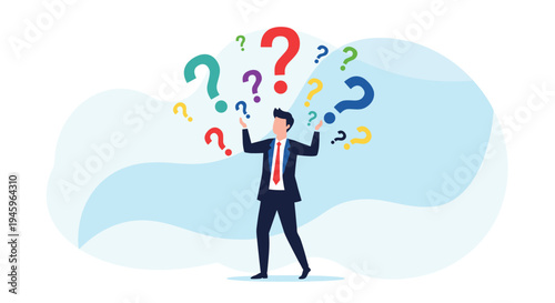 Confused businessman in a professional suit surrounded by many colorful question marks against an abstract light blue background.