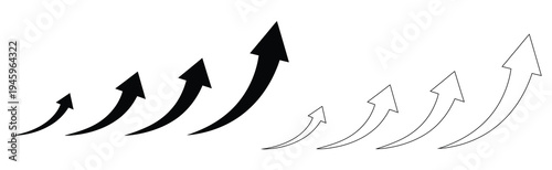 A series of black and white arrows pointing upwards in varying sizes and shades on a plain white background illustration