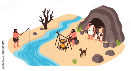 Isometric scene of prehistoric cavemen living in a cave, fishing by a river, and cooking food over a communal fire.