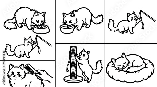 Line art black and white cat eating drinking playing scratching post and sleeping in cozy bed vector illustration set