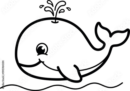 Cute smiling whale with water spout swimming and splashing in ocean waves cartoon style vector art illustration
