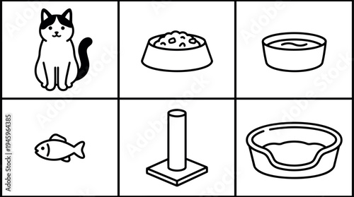 Black and white cat sitting fish bowl food dish scratching post and pet bed icons set in simple line art vector style