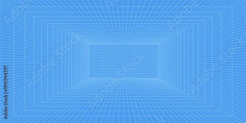 3d wireframe grid room. 3d perspective laser grid 16 9.. Cyberspace blue background with white mesh. Futuristic digital hallway space in virtual reality. Vector illustration.