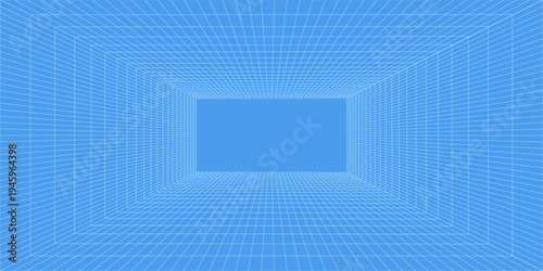 3d wireframe grid room. 3d perspective laser grid 16 9.. Cyberspace blue background with white mesh. Futuristic digital hallway space in virtual reality. Vector illustration.