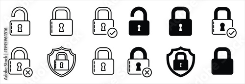 Collection of various lock and shield icons in black and white