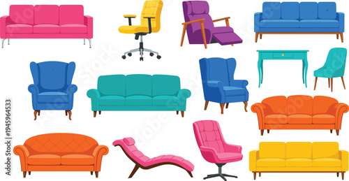 Furniture icon set, sofa, armchair, lounge chair, office chair, desk, colorful design, interior decor, seating collection vector illustration