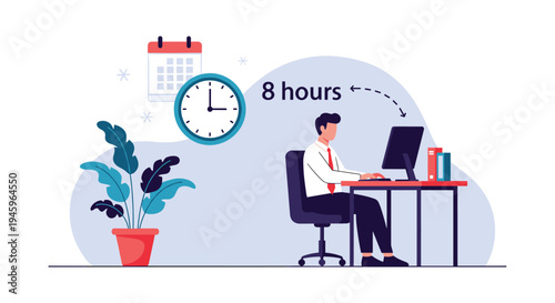 Productive businessman working at a computer desk with icons of a clock and calendar representing an eight-hour workday.