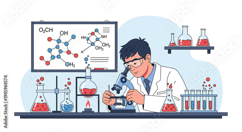 Focused young scientist in a lab coat and safety glasses looking through a microscope in a well-equipped chemistry laboratory.