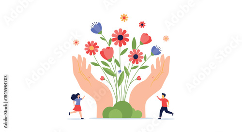 Caring hands holding a vibrant bouquet of flowers with two small characters representing nature protection and environmental conservation efforts.