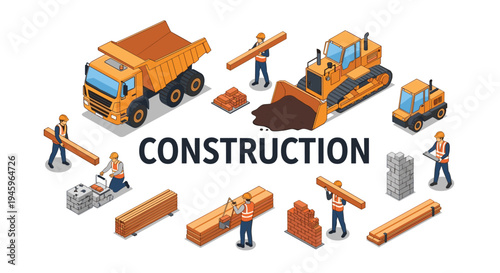 Construction site theme with professional workers using heavy machinery like bulldozers and trucks along with building materials and wood planks.