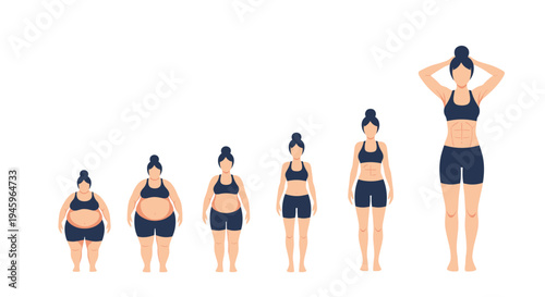 Stages of female body weight loss transformation showing progress from overweight to a fit and healthy athletic physique in a flat style.