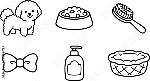 Simple black line art vector set of small dog food brush bow tie soap dispenser and pet basket icons collection