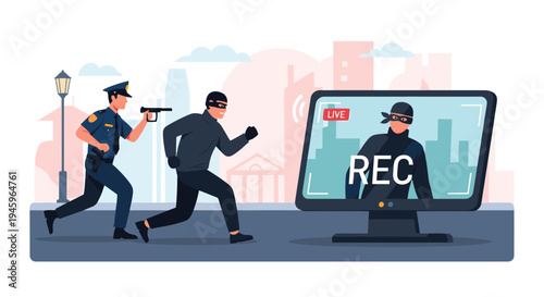 Police officer chasing a masked criminal in the city street with the action being recorded live on a digital security monitor or camera.