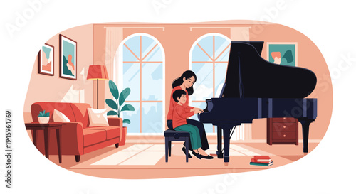 Loving mother teaching her young son how to play the grand piano in a cozy living room setting with large windows and warm light.