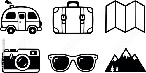 Black and white vector icons including camper van suitcase map camera sunglasses and mountain travel set